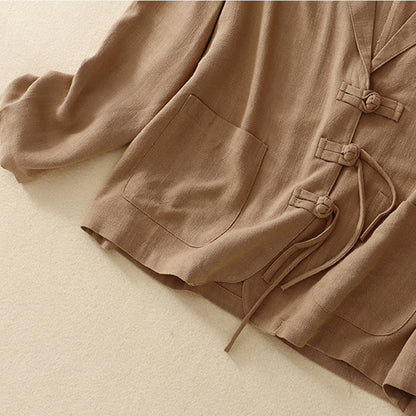Buddha Stones Women's Cotton Linen Frog-Button Long Sleeve Jacket With Pockets