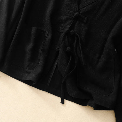 Buddha Stones Women's Cotton Linen Frog-Button Long Sleeve Jacket With Pockets