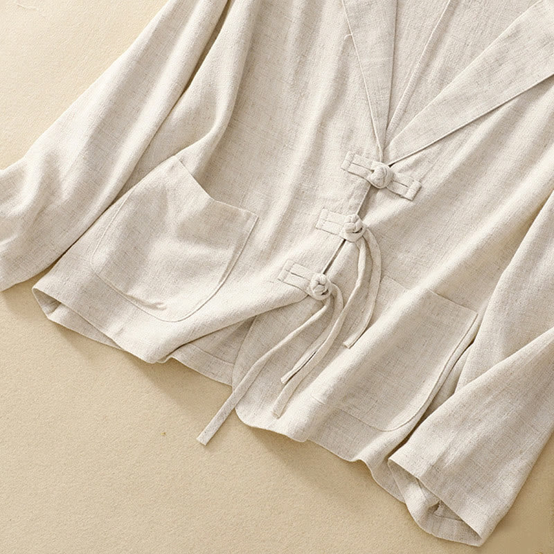 Buddha Stones Women's Cotton Linen Frog-Button Long Sleeve Jacket With Pockets