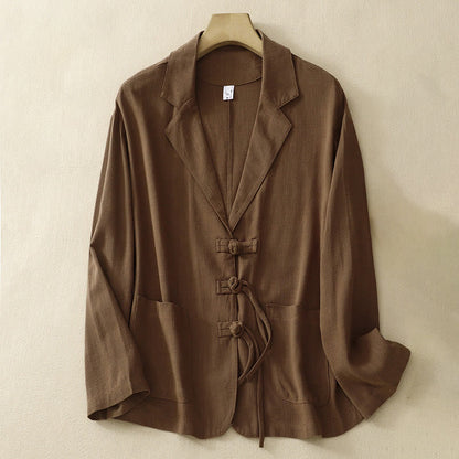 Buddha Stones Women's Cotton Linen Frog-Button Long Sleeve Jacket With Pockets