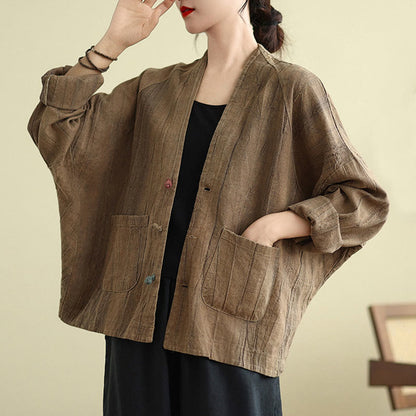 Buddha Stones Plain Long Sleeve Women's Cotton Linen Jacket With Pockets