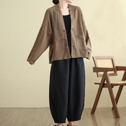 Buddha Stones Plain Long Sleeve Women's Cotton Linen Jacket With Pockets