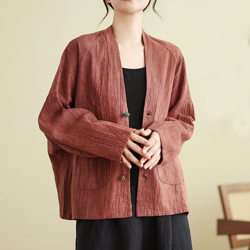 Buddha Stones Plain Long Sleeve Women's Cotton Linen Jacket With Pockets