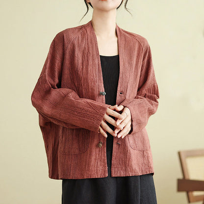 Buddha Stones Plain Long Sleeve Women's Cotton Linen Jacket With Pockets