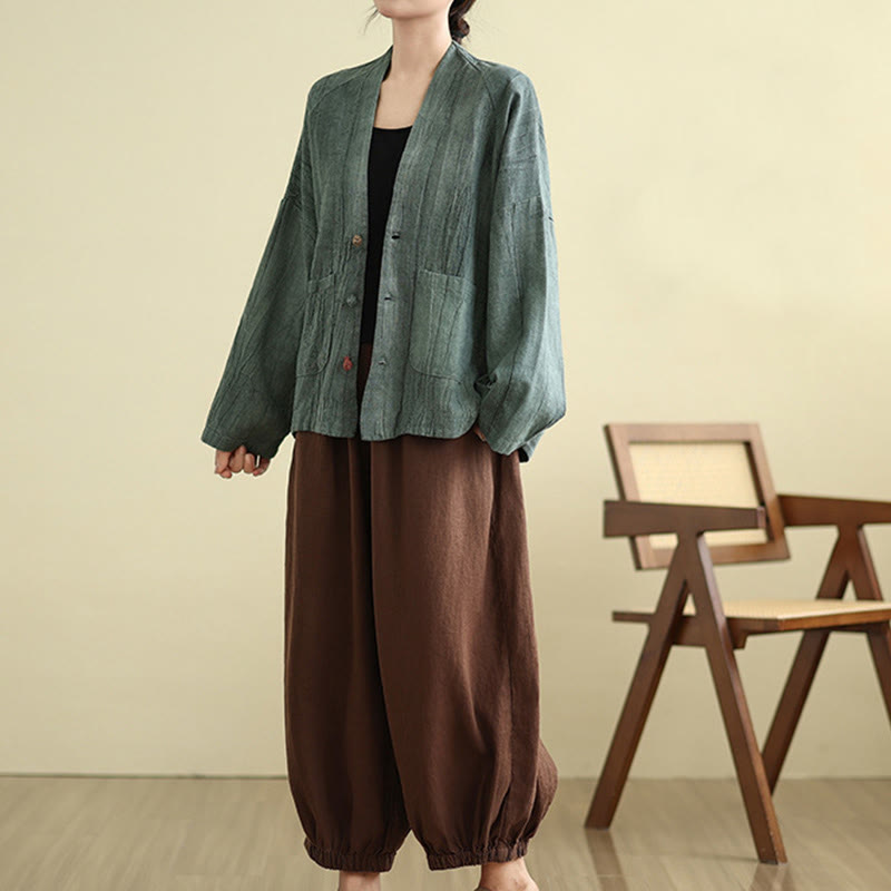 Buddha Stones Plain Long Sleeve Women's Cotton Linen Jacket With Pockets