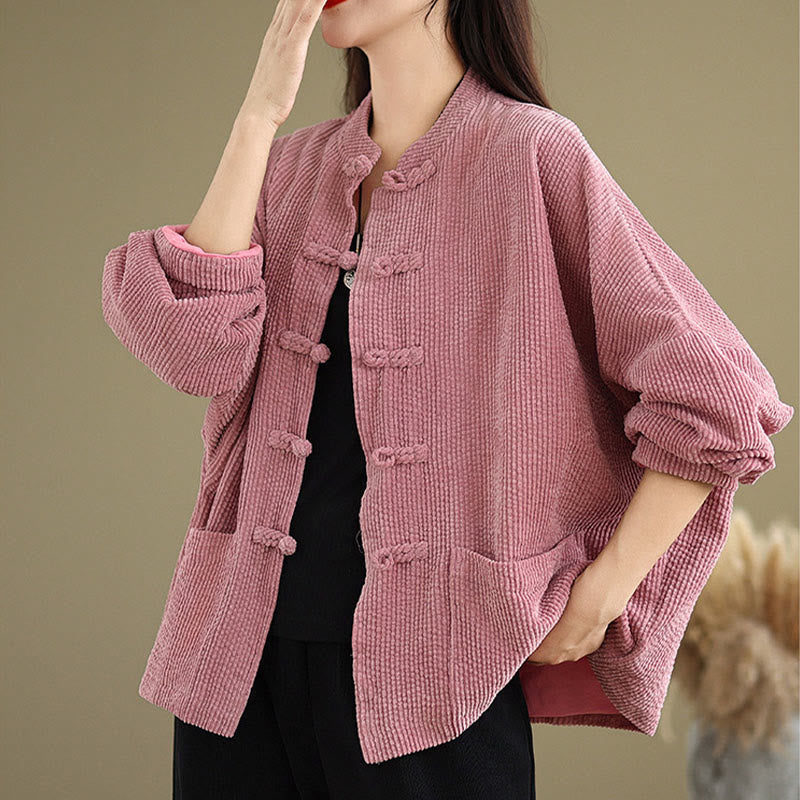 Buddha Stones Frog-button Stand Collar Women's Corduroy Jacket