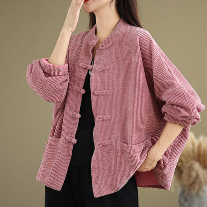 Buddha Stones Frog-button Stand Collar Women's Corduroy Jacket
