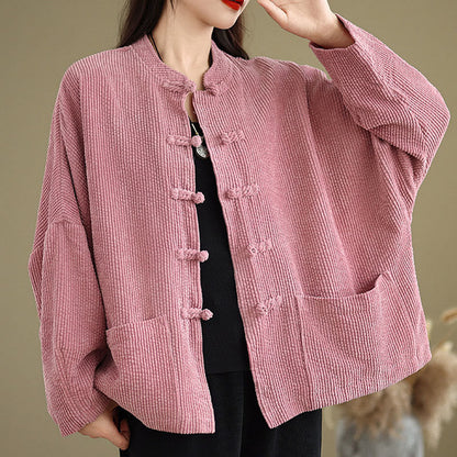Buddha Stones Frog-button Stand Collar Women's Corduroy Jacket