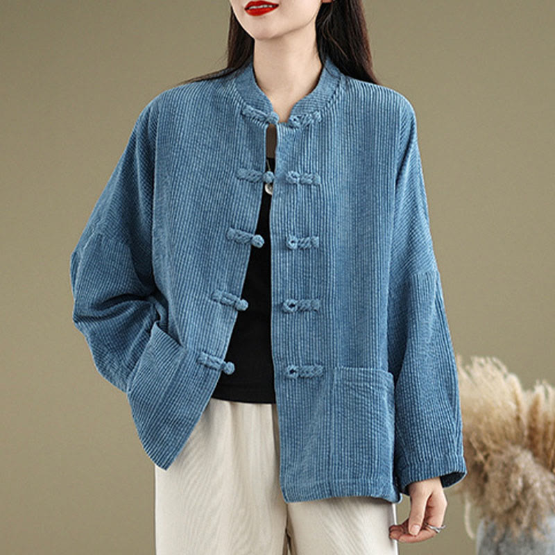 Buddha Stones Frog-button Stand Collar Women's Corduroy Jacket