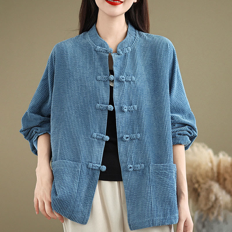 Buddha Stones Frog-button Stand Collar Women's Corduroy Jacket