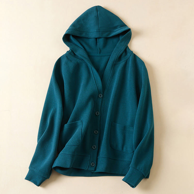 Buddha Stones Plain Buttons Women's Hooded Jacket With Pockets