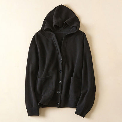 Buddha Stones Plain Buttons Women's Hooded Jacket With Pockets