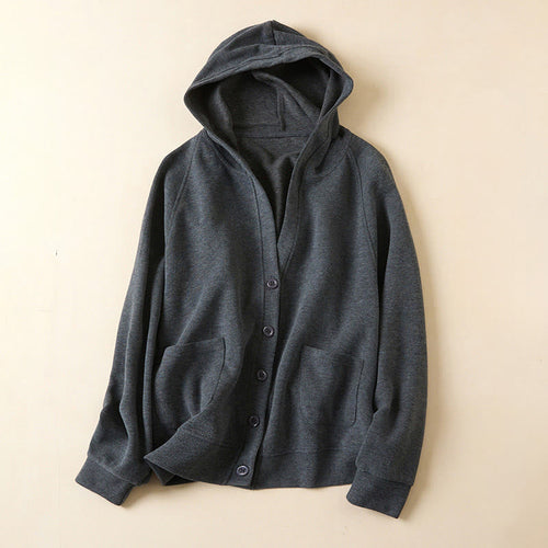 Buddha Stones Plain Buttons Women's Hooded Jacket With Pockets