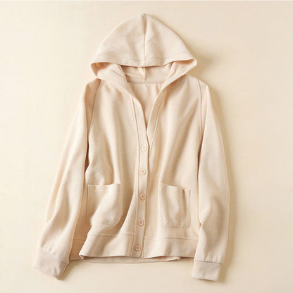 Buddha Stones Plain Buttons Women's Hooded Jacket With Pockets