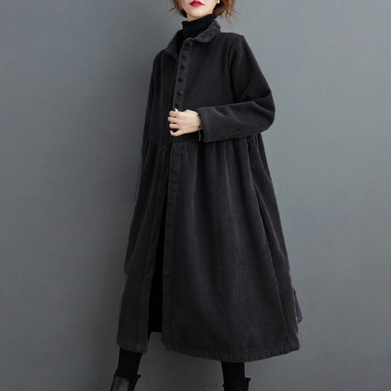 Buddha Stones Plain Buttons Long Sleeve Women's Corduroy Fleece-Lined Coat With Pockets