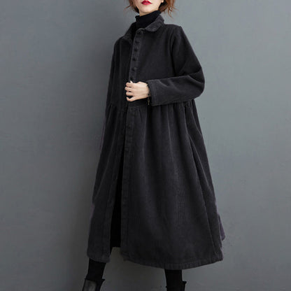 Buddha Stones Plain Buttons Long Sleeve Women's Corduroy Fleece-Lined Coat With Pockets