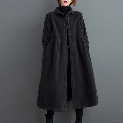 Buddha Stones Plain Buttons Long Sleeve Women's Corduroy Fleece-Lined Coat With Pockets