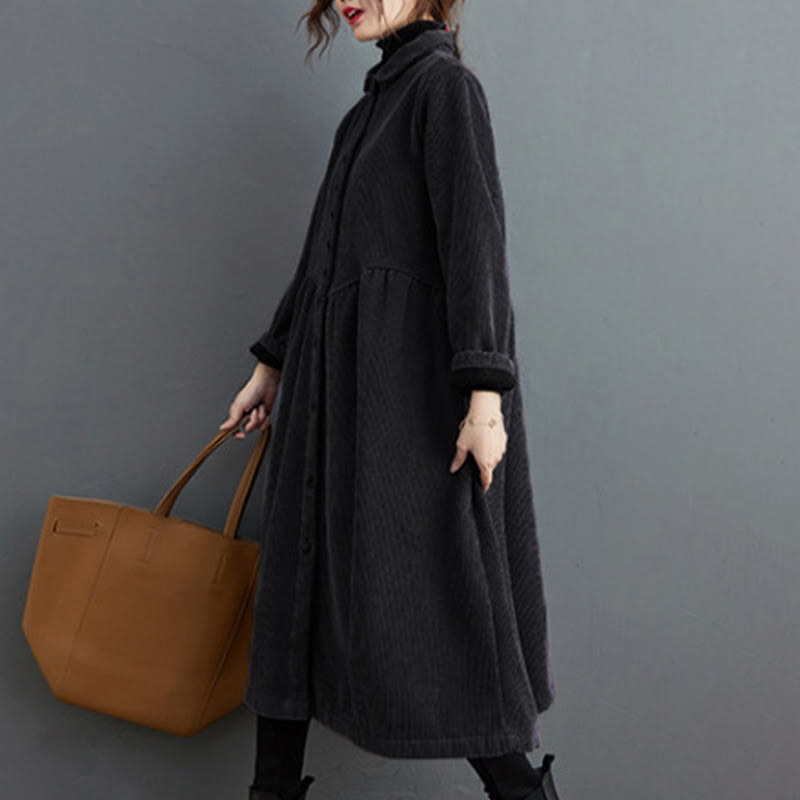 Buddha Stones Plain Buttons Long Sleeve Women's Corduroy Fleece-Lined Coat With Pockets