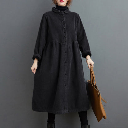 Buddha Stones Plain Buttons Long Sleeve Women's Corduroy Fleece-Lined Coat With Pockets