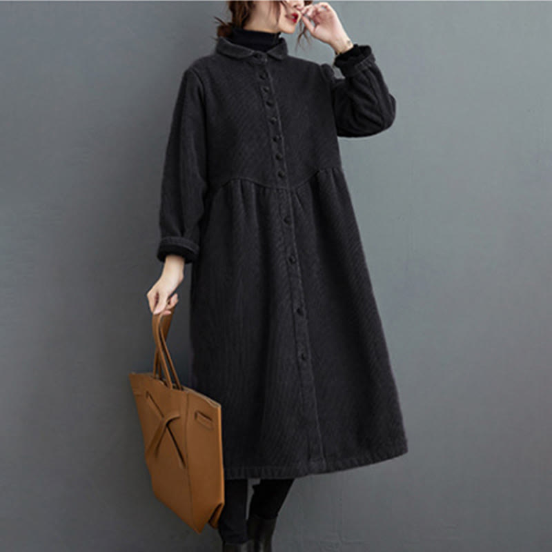 Buddha Stones Plain Buttons Long Sleeve Women's Corduroy Fleece-Lined Coat With Pockets