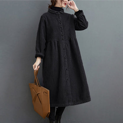Buddha Stones Plain Buttons Long Sleeve Women's Corduroy Fleece-Lined Coat With Pockets