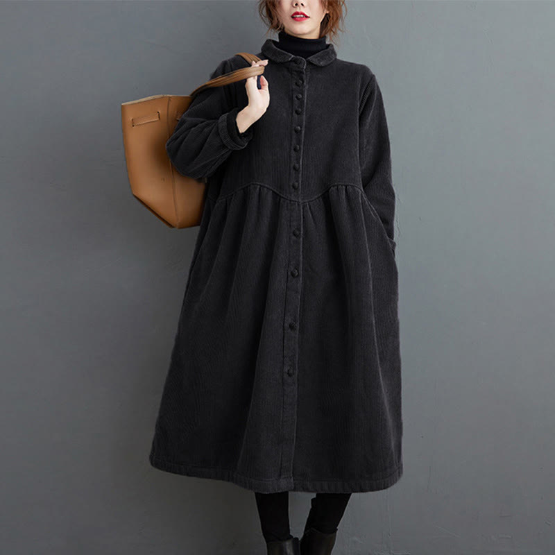 Buddha Stones Plain Buttons Long Sleeve Women's Corduroy Fleece-Lined Coat With Pockets