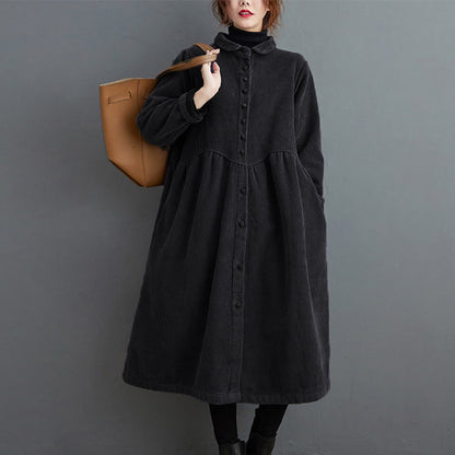 Buddha Stones Plain Buttons Long Sleeve Women's Corduroy Fleece-Lined Coat With Pockets