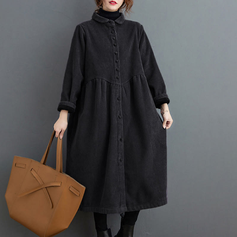 Buddha Stones Plain Buttons Long Sleeve Women's Corduroy Fleece-Lined Coat With Pockets