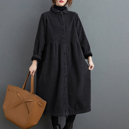 Buddha Stones Plain Buttons Long Sleeve Women's Corduroy Fleece-Lined Coat With Pockets
