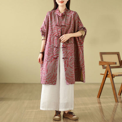 Buddha Stones Frog-button Vine Leaves Women's Coat With Pockets