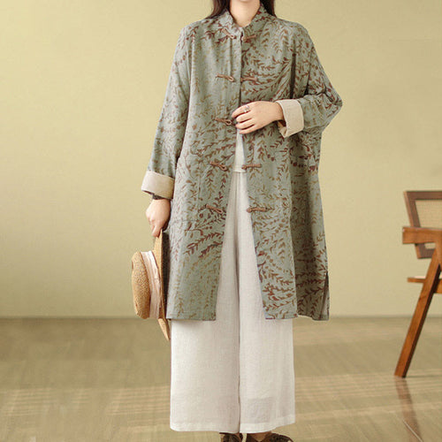 Buddha Stones Frog-button Vine Leaves Women's Coat With Pockets