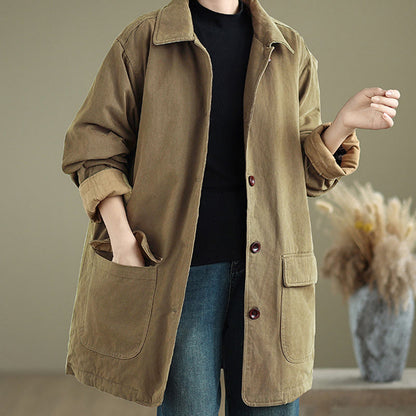 Buddha Stones Plain Lapel Buttons Design Women's Long Sleeve Quilted Cotton Jacket With Pockets