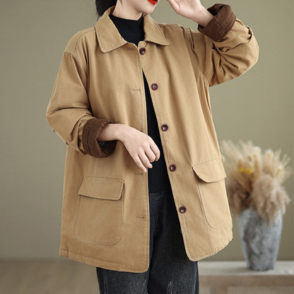 Buddha Stones Plain Lapel Buttons Design Women's Long Sleeve Quilted Cotton Jacket With Pockets