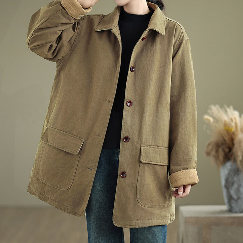 Buddha Stones Plain Lapel Buttons Design Women's Long Sleeve Quilted Cotton Jacket With Pockets
