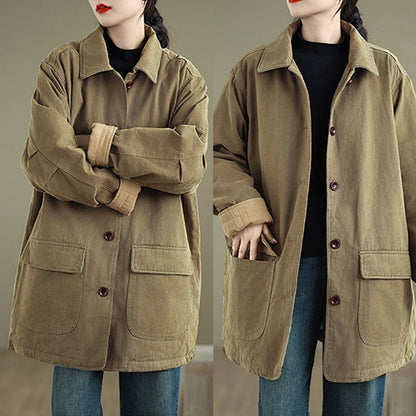 Buddha Stones Plain Lapel Buttons Design Women's Long Sleeve Quilted Cotton Jacket With Pockets