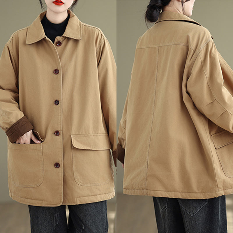 Buddha Stones Plain Lapel Buttons Design Women's Long Sleeve Quilted Cotton Jacket With Pockets