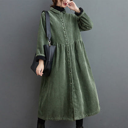 Buddha Stones Plain Buttons Long Sleeve Women's Corduroy Fleece-Lined Coat With Pockets