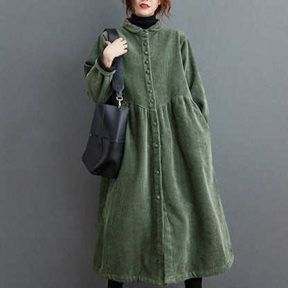 Buddha Stones Plain Buttons Long Sleeve Women's Corduroy Fleece-Lined Coat With Pockets