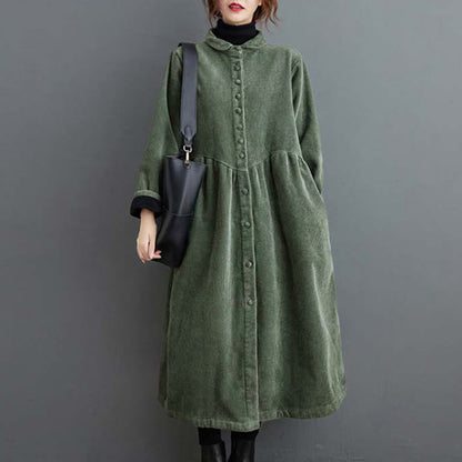 Buddha Stones Plain Buttons Long Sleeve Women's Corduroy Fleece-Lined Coat With Pockets