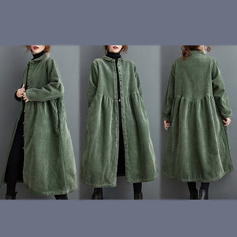 Buddha Stones Plain Buttons Long Sleeve Women's Corduroy Fleece-Lined Coat With Pockets