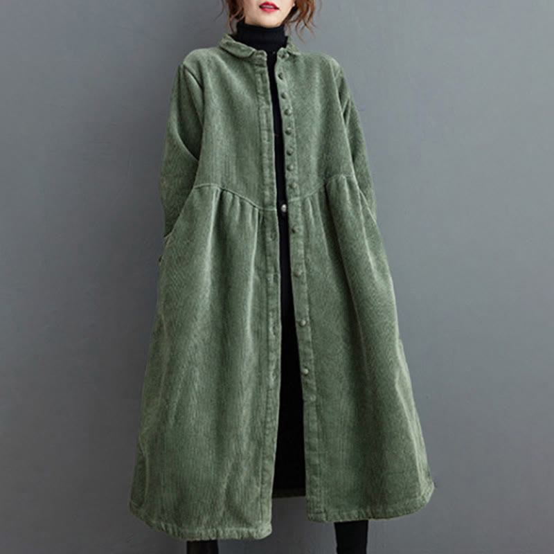 Buddha Stones Plain Buttons Long Sleeve Women's Corduroy Fleece-Lined Coat With Pockets