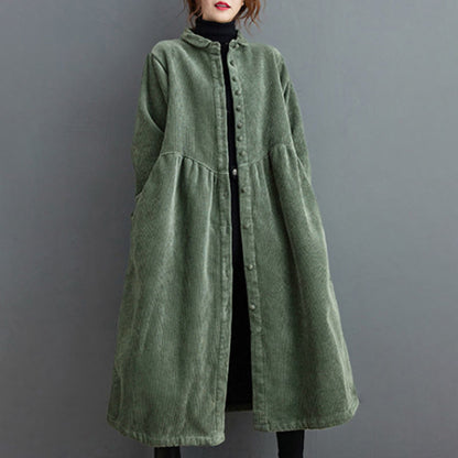 Buddha Stones Plain Buttons Long Sleeve Women's Corduroy Fleece-Lined Coat With Pockets