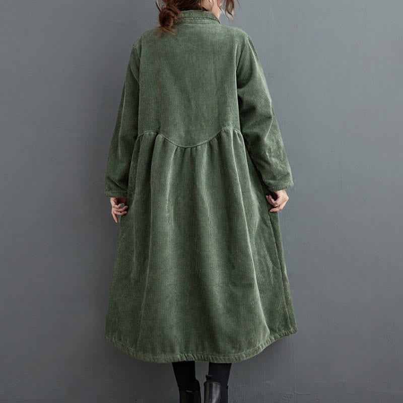Buddha Stones Plain Buttons Long Sleeve Women's Corduroy Fleece-Lined Coat With Pockets