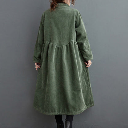 Buddha Stones Plain Buttons Long Sleeve Women's Corduroy Fleece-Lined Coat With Pockets
