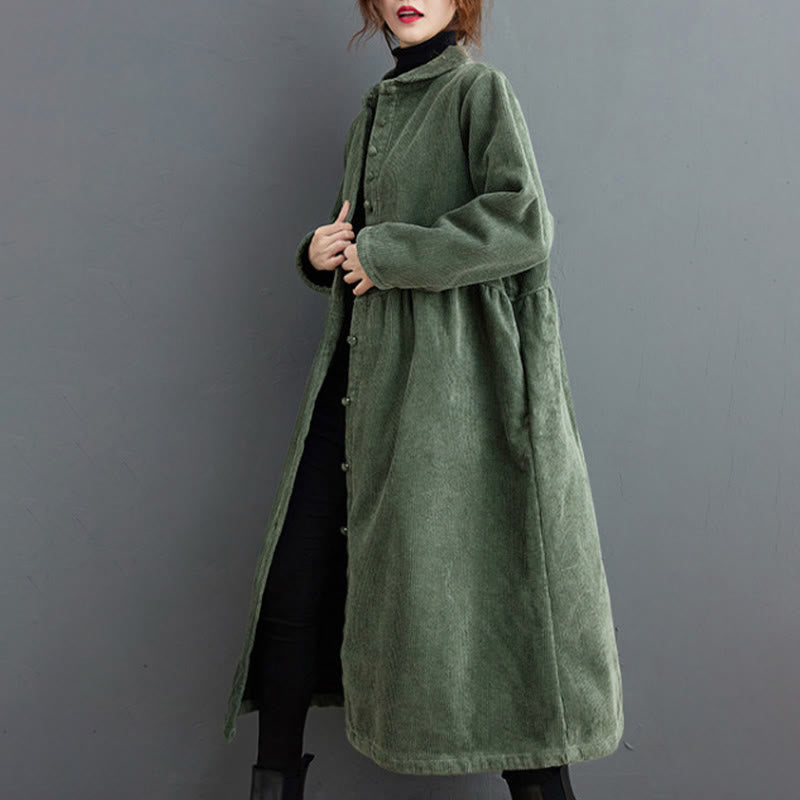 Buddha Stones Plain Buttons Long Sleeve Women's Corduroy Fleece-Lined Coat With Pockets