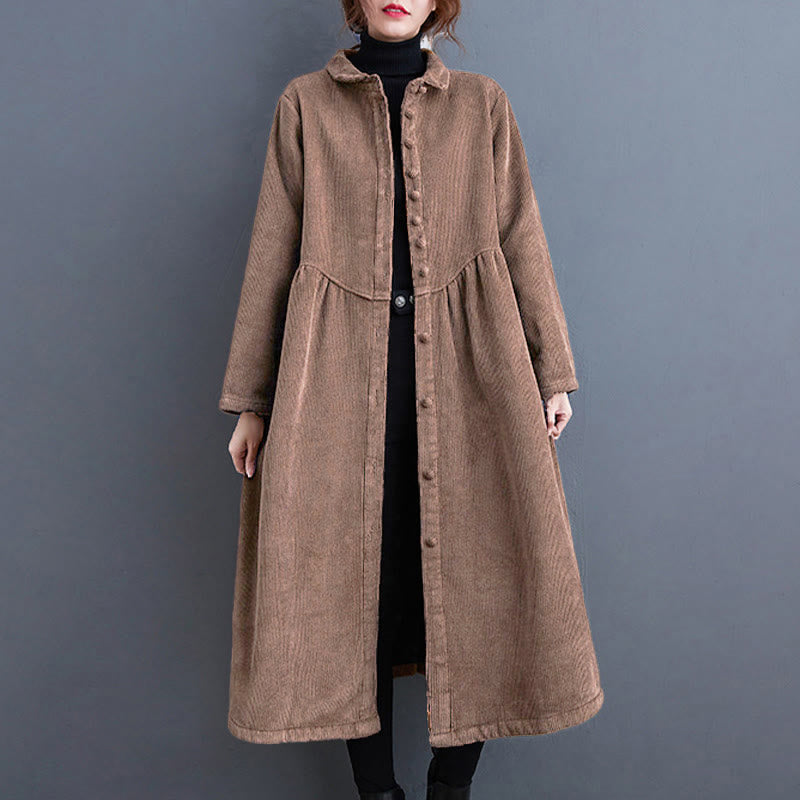 Buddha Stones Plain Buttons Long Sleeve Women's Corduroy Fleece-Lined Coat With Pockets