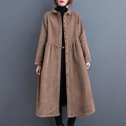 Buddha Stones Plain Buttons Long Sleeve Women's Corduroy Fleece-Lined Coat With Pockets