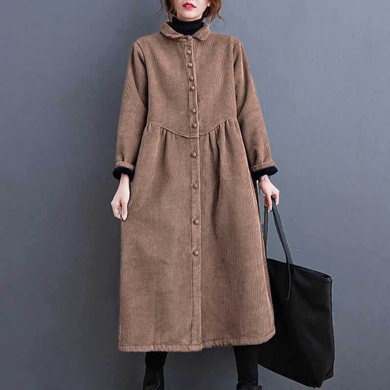Buddha Stones Plain Buttons Long Sleeve Women's Corduroy Fleece-Lined Coat With Pockets