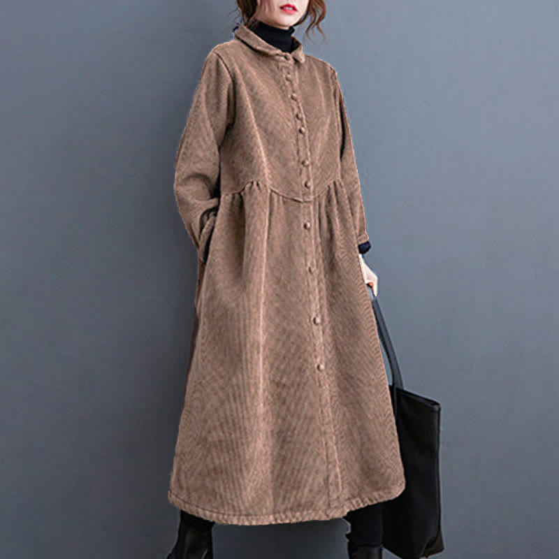 Buddha Stones Plain Buttons Long Sleeve Women's Corduroy Fleece-Lined Coat With Pockets