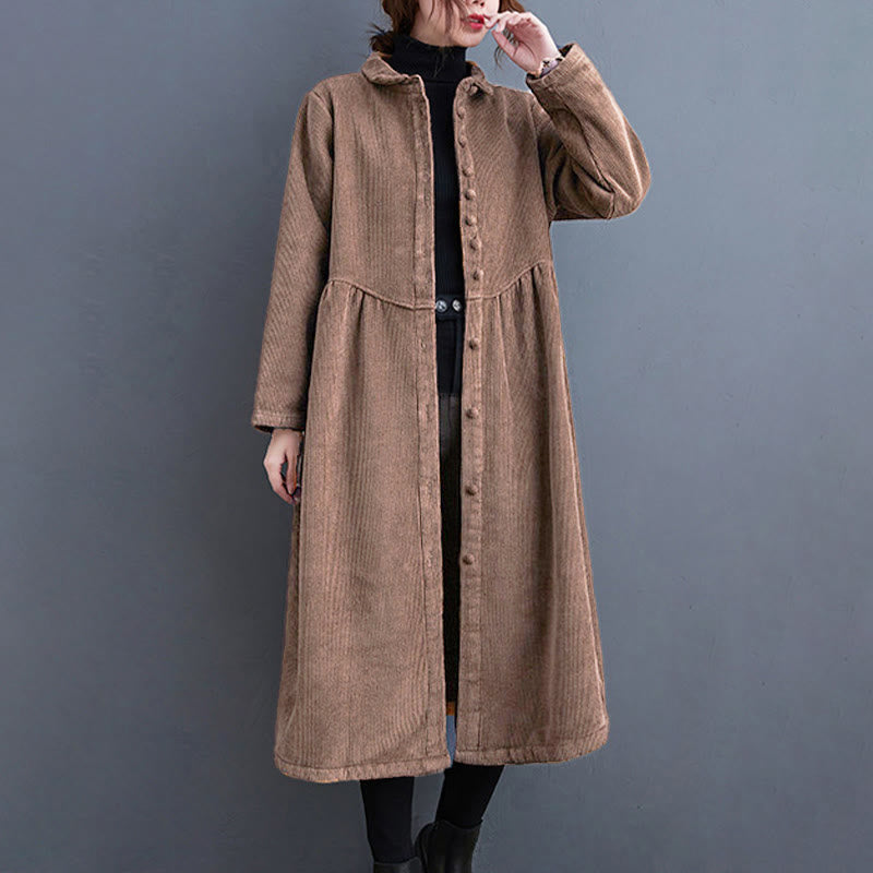 Buddha Stones Plain Buttons Long Sleeve Women's Corduroy Fleece-Lined Coat With Pockets